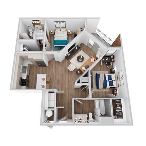 A 3D rendering of B3 floor plan at Era apartments in Denton, TX